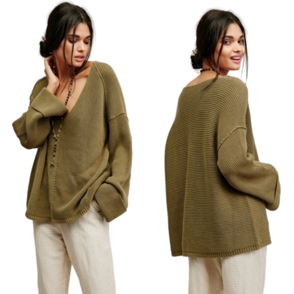 Free People Sweaters - Free People La Brea Chunky Oversized Olive Green Sweater Size Medium